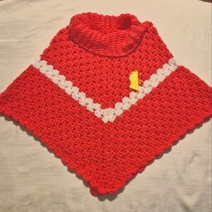Handcrafted cowl neck poncho girls large coral with white stripe NEW